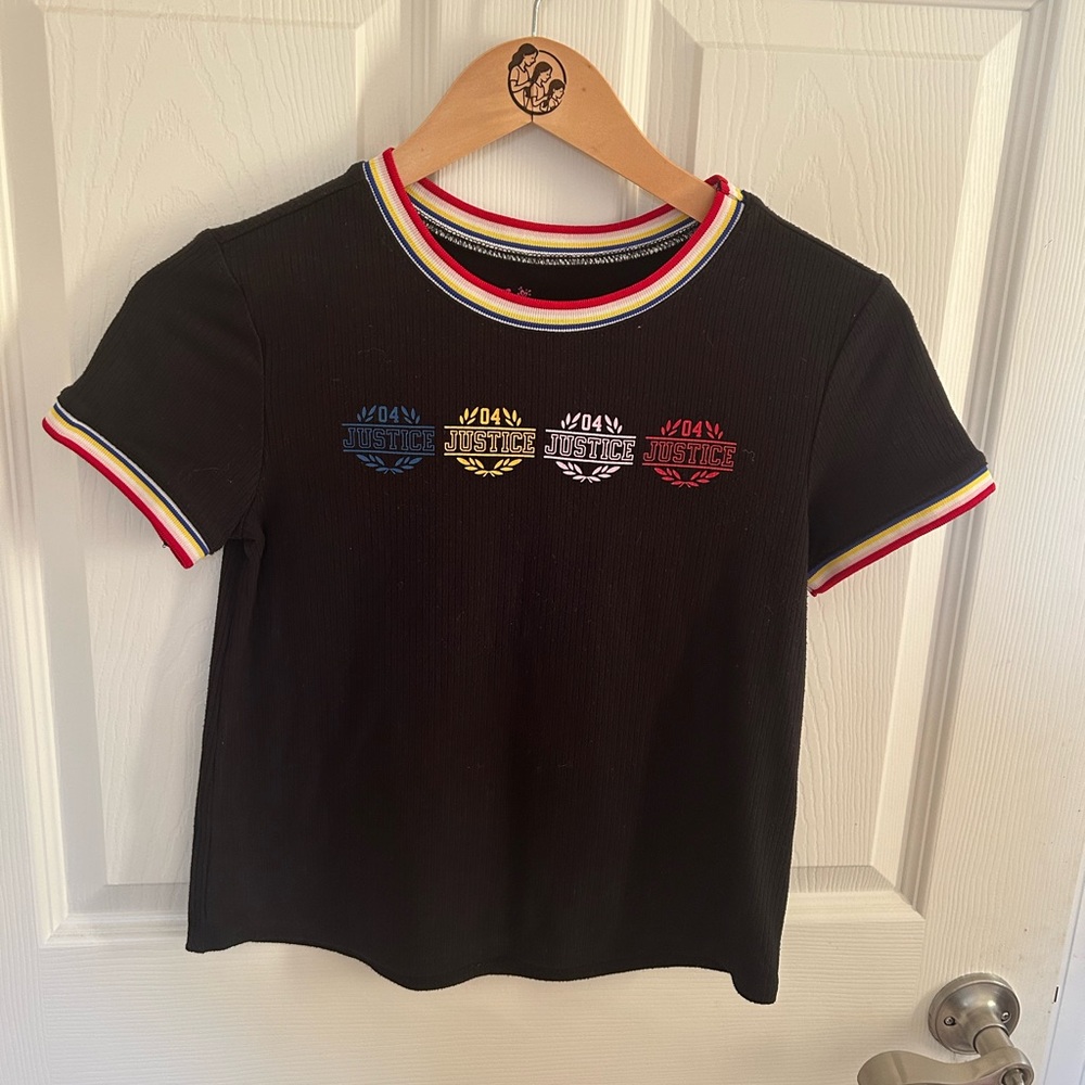 Justice Black Tee with Multicolor Accents girls size large